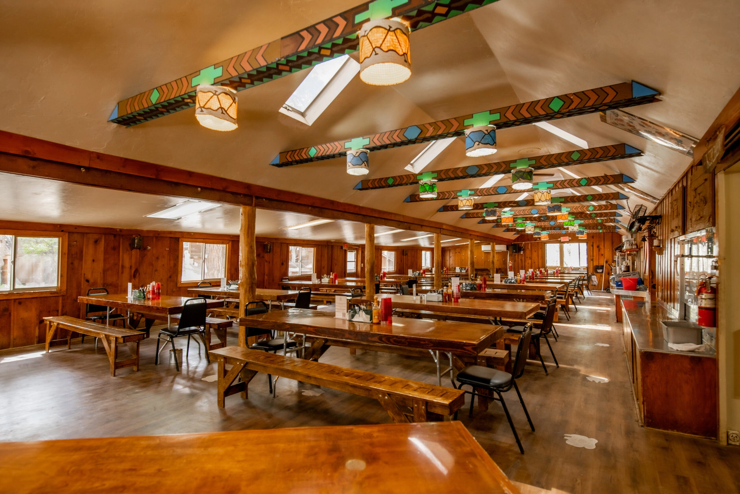 a large room with tables and chairs