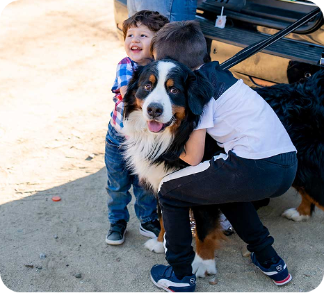 two boys hugging a dog
