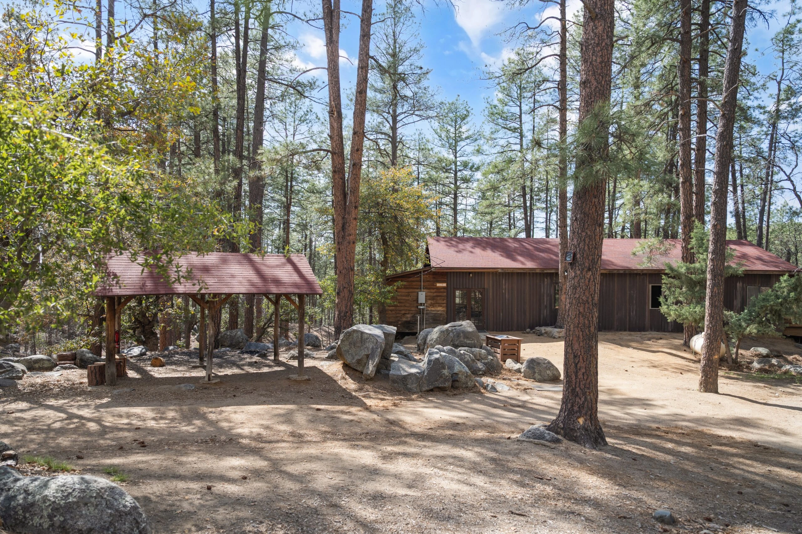 a building in the woods