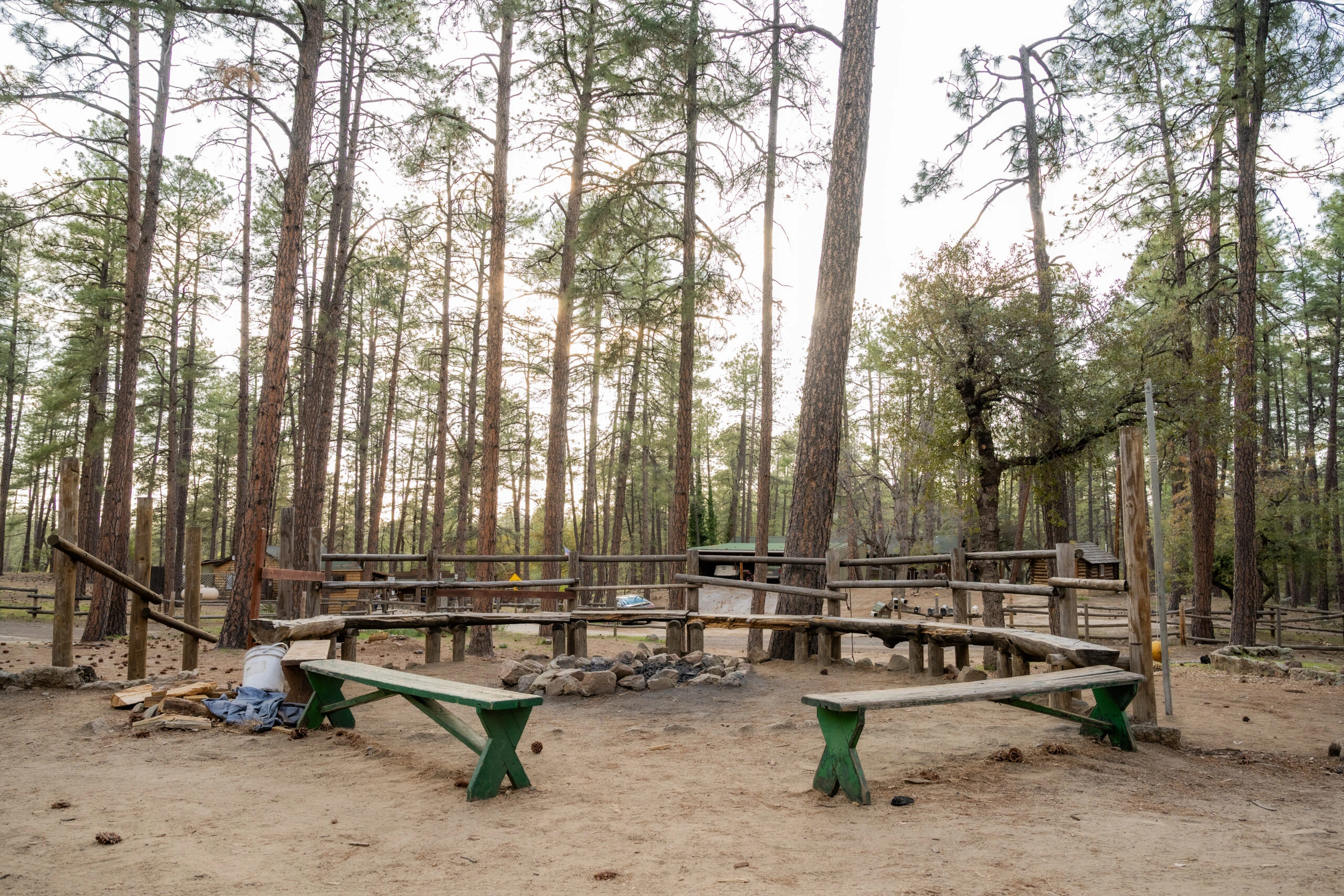 a picnic area with benches and a fire pit in the woods