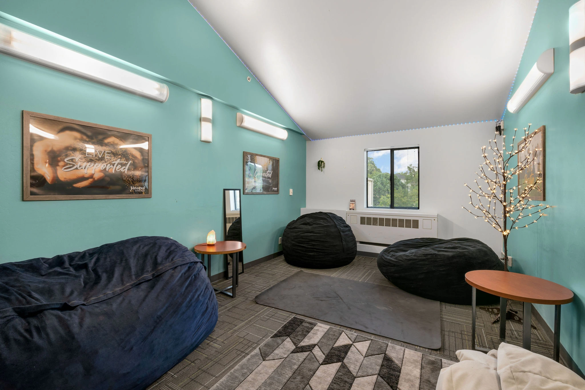 a room with bean bags and a rug