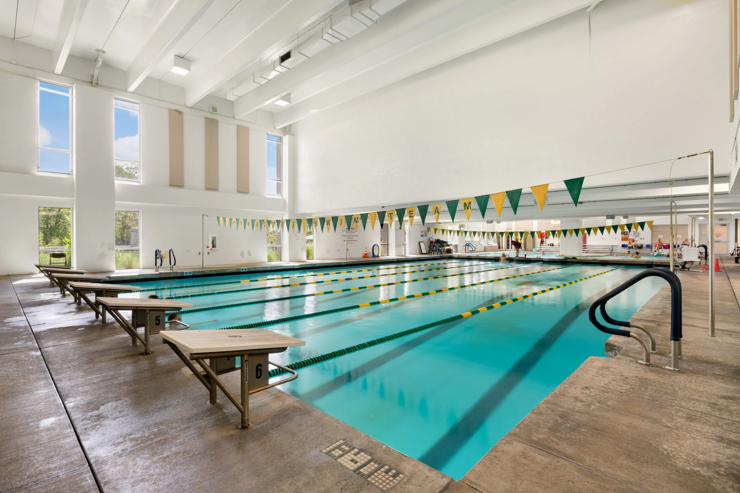 a swimming pool inside a building