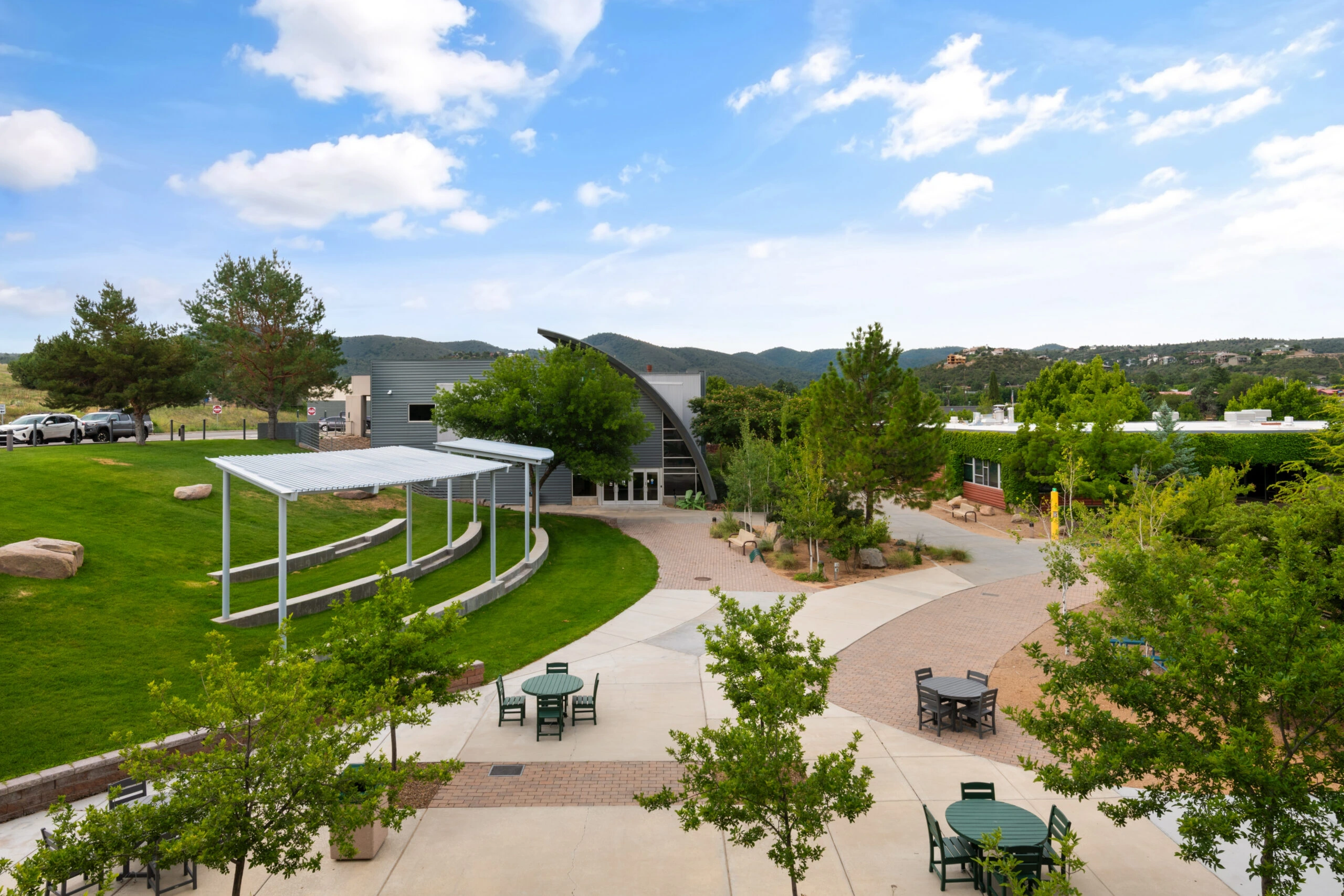 a park with tables and chairs