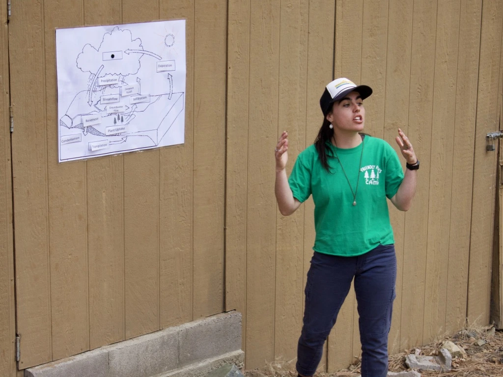 a woman standing next to a poster