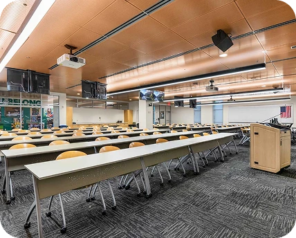 a room with tables and chairs